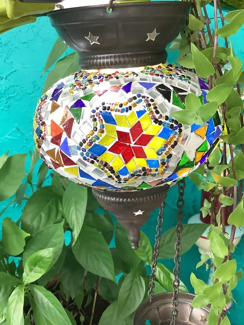 Set of 3 Turkish Moroccan Mosaic & Beaded Hanging Lantern Lamps